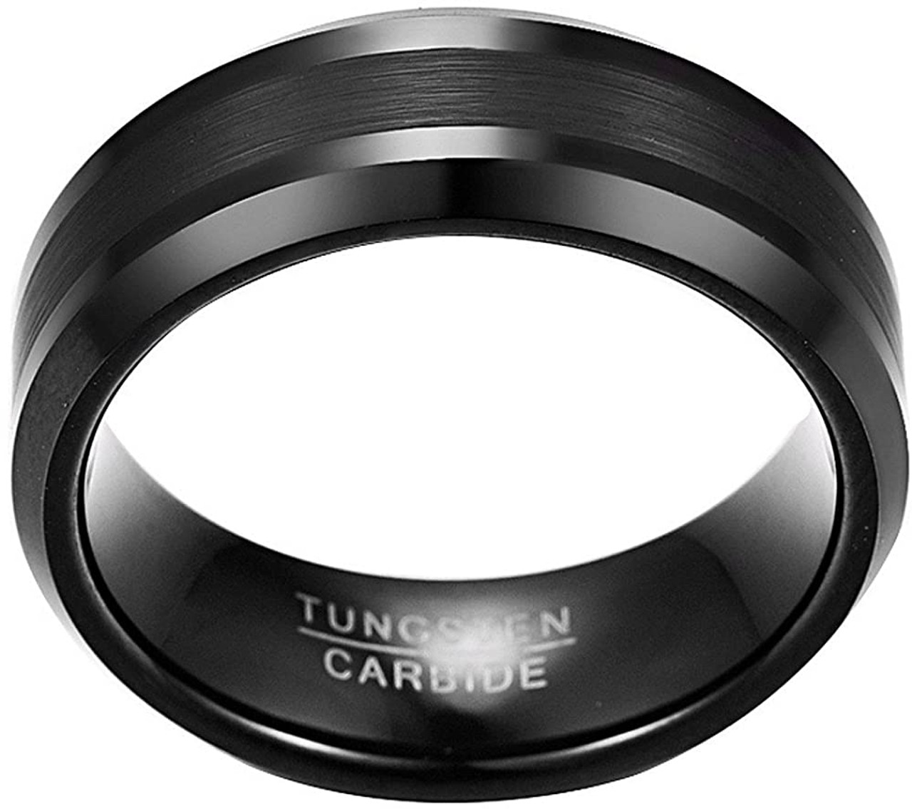 8mm Black Mens Wedding Engagement Band Brushed Center Tungsten Carbide Ring  Beveled Edge Comfort Fit Size 7-12