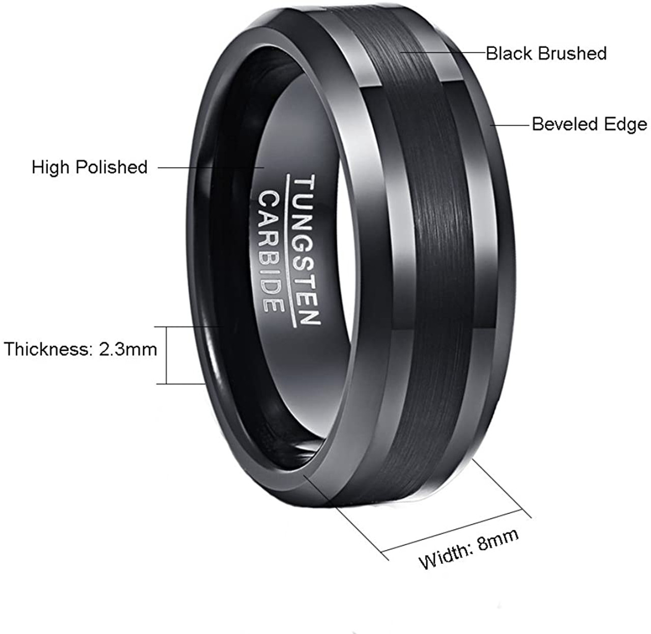 8mm Black Mens Wedding Engagement Band Brushed Center Tungsten Carbide Ring  Beveled Edge Comfort Fit Size 7-12