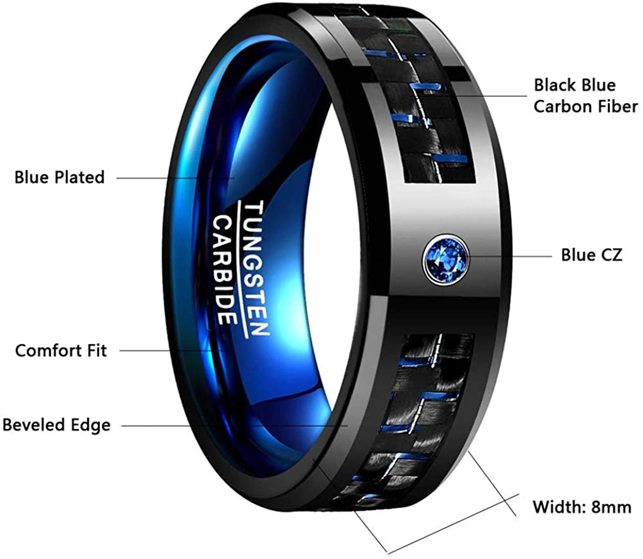 Metal Masters Men's Tungsten Carbide Black and Blue Textured Wedding Band  Ring Comfort Fit 8mm 9