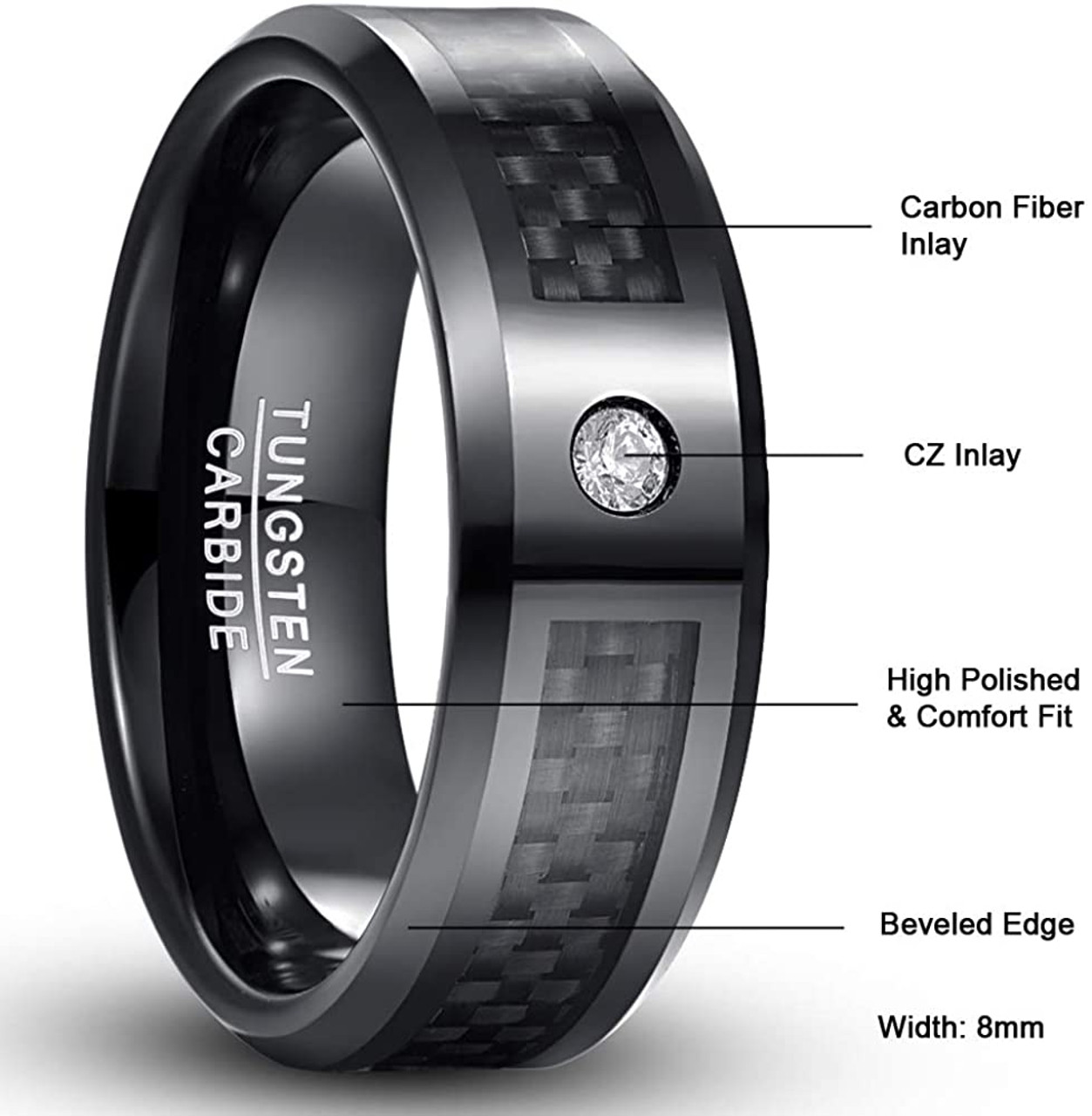 Men's High Polish Beveled Edge Tungsten Carbide Ring sizes 5 to 15 