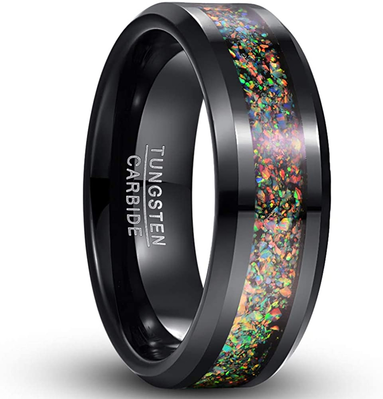 8mm Colorful Opal Inlay Tungsten Ring Black Wedding Band Engagement Ring  for Men Women Comfort Fit Size 5-12