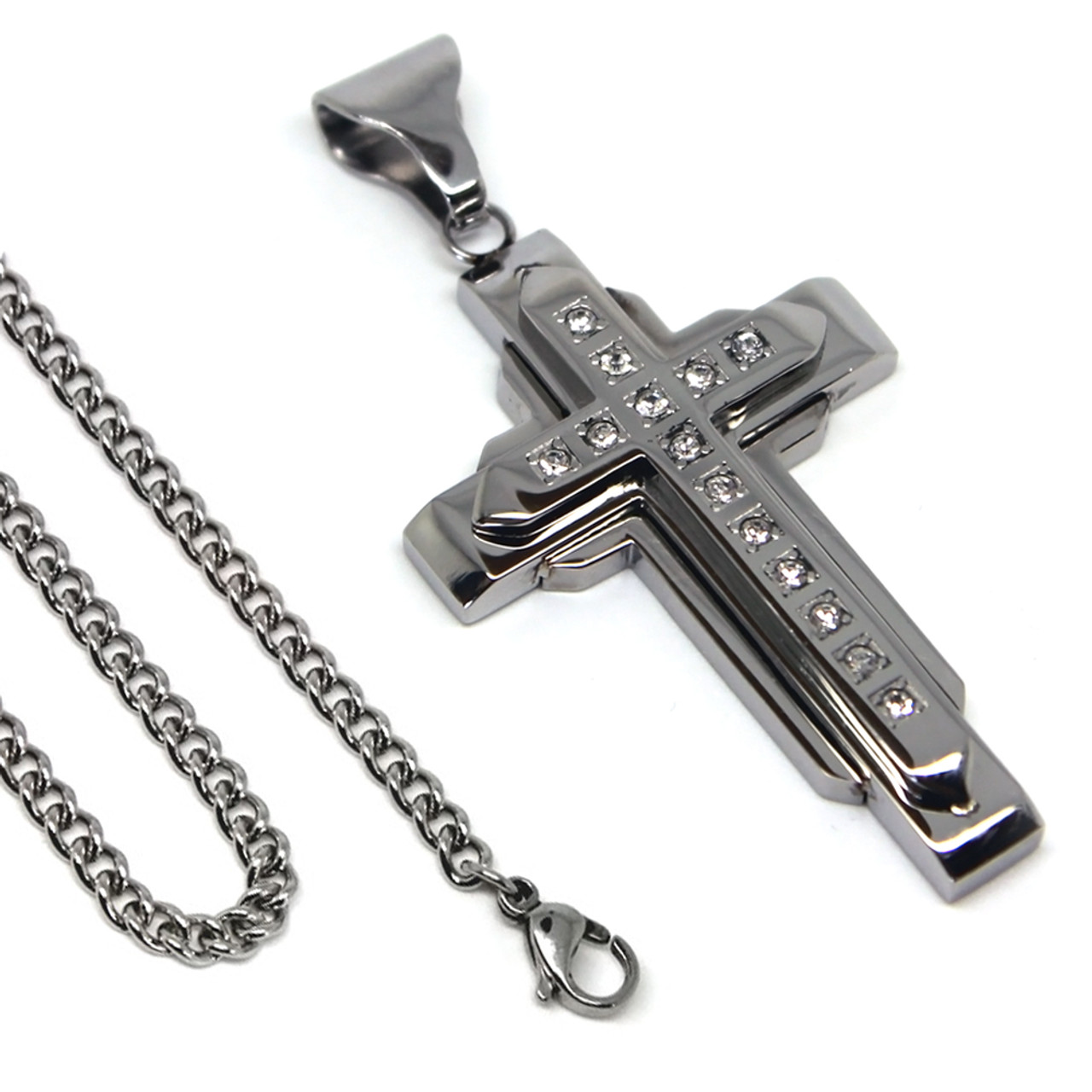 Stainless Steel Brushed Triple Layer Cross Religious 24 Chain Necklace  Pendant Charm: 31937624440901