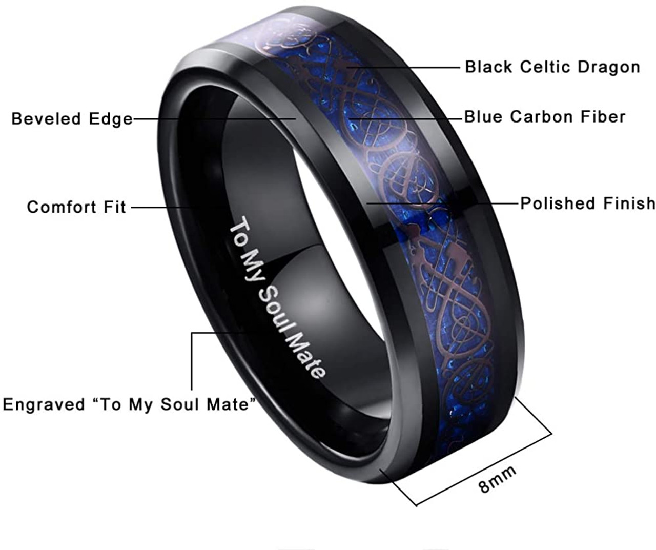TUNGSTORY 8mm Tungsten Carbide Celtic Dragon Wedding Ring Inlaid with Blue Carbon Fiber Black Polished Comfort Fit Size 5-14 