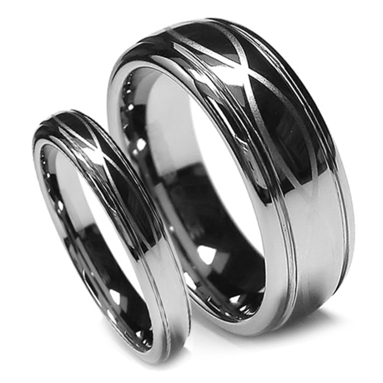 Tungsten Wedding Band Set, Infinity Ring Set, Chrome High Polish