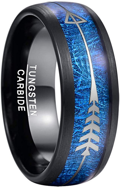 Men's 8mm Tungsten Wedding Ring Black with Blue Imitated Meteorite and Arrows Inlay Hunting Band Size 7 to 12
