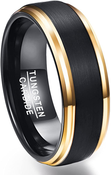 8mm Men's Two Tone Tungsten Carbide Ring Black Brushed Gold Plated Beveled Edges Wedding Band Size 7-12