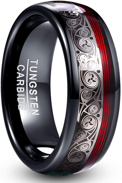 8mm Black Dome Tungsten Carbide Ring with Celtic Spiral and Red Guitar String Comfort Fit Size 7-12