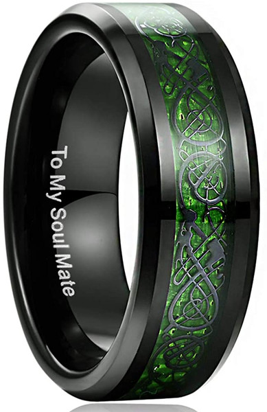 Men's 8mm Black and Green Tungsten Carbide Wedding Ring Celtic Dragon Inlay Polished Finish Size 5-15