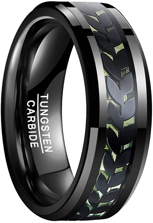 Unisex 8mm Leaves and Carbon Fiber Inlay Tungsten Carbide Rings Size 7-12