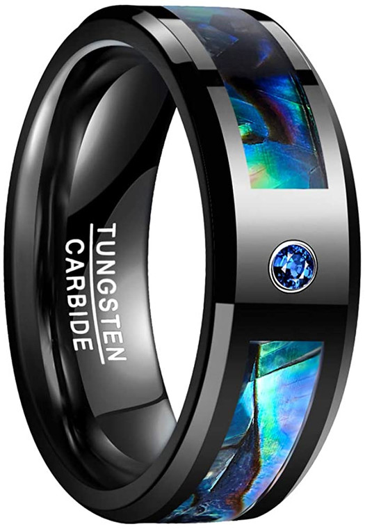 8mm Men's Abalone Shell and Blue Cubic Zirconia Inlay Tungsten Rings Black Wedding Bands Beveled Edge Size 7-12