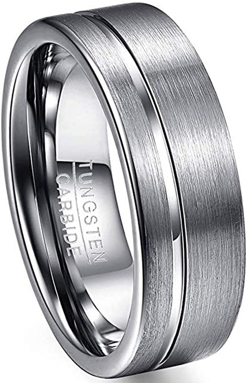 8mm Men's Polished Grooved Tungsten Carbide Rings Silver Grey Brushed Wedding Bands Flat Edge Comfort Fit Size 7-12