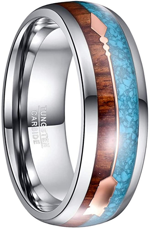 8mm Hawaiian Koa Wood and Turquoise Inlay Tungsten Wedding Rings with Rose Gold Arrow Comfort Fit Size 7-12