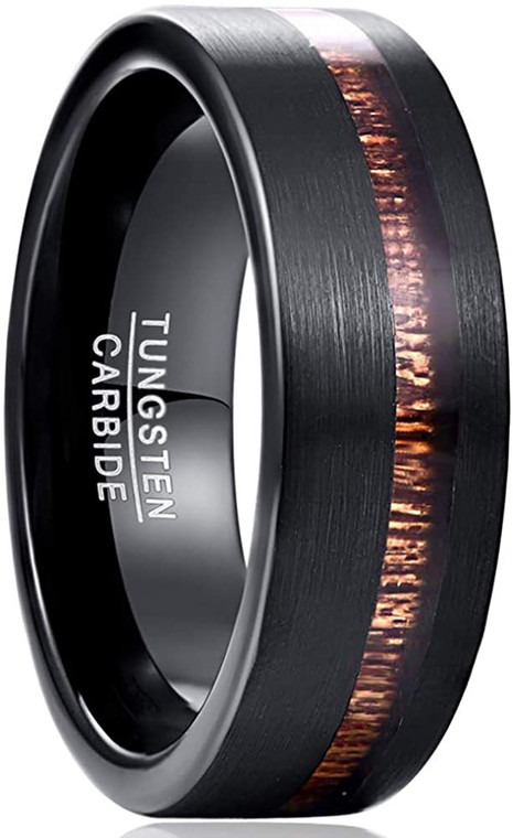 8mm Mens Black Tungsten Carbide Wedding Band Hawaiian Koa Wood Engagement Ring Brushed Finish Comfort Fit Size 7-12