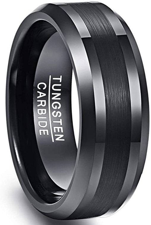 8mm Black Mens Wedding Engagement Band Brushed Center Tungsten Carbide Ring Beveled Edge Comfort Fit Size 7-12