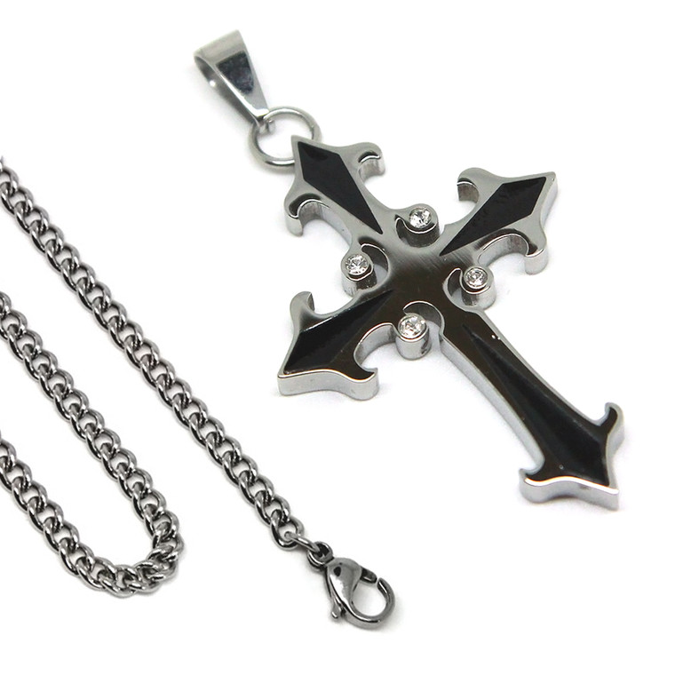 Stainless Steel Mens Cross Necklace 24 Inch 6.5mm Curb Chain Religious Pendant with Cubic Zirconia Stones