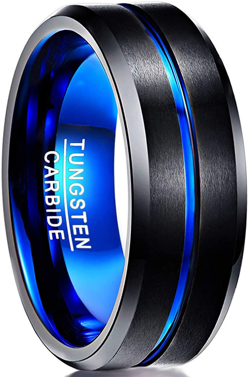 Men's 8mm Tungsten Carbide Ring Blue & Black Matte Finish Beveled Edge Wedding Band Size 4 to 17
