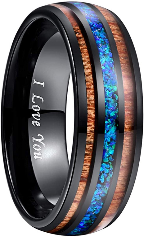 Handmade Crushed Blue Opal Tungsten Wedding Ring with Hawaii Koa Wood Domed Black Size 6-14