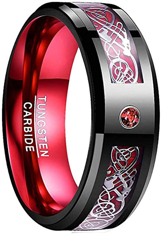 Men's 8mm Tungsten Carbide Ring Celtic Dragon Red Carbon Fiber and Cubic Zirconia Inaly Size 6-16