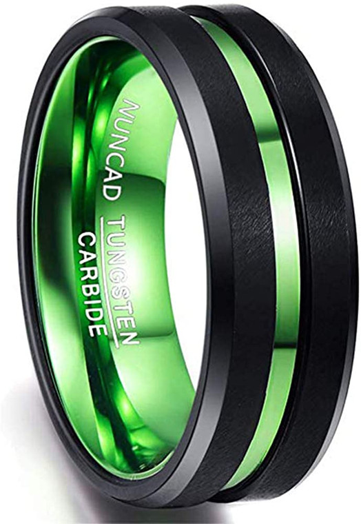 Men's 8mm Black and Green Tungsten Carbide Ring Matte Finish Beveled Edges Comfort Fit Size 6-16