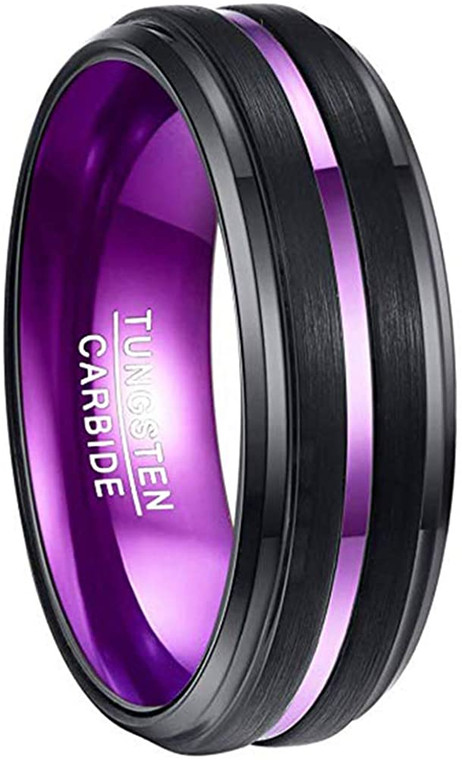 Men's 8mm Tungsten Carbide Ring Black Brushed Finish Purple Line Comfort Fit Size 7-12