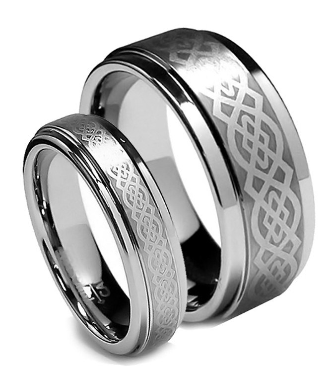 Tungsten Wedding Band Set, Flat Top Celtic Design, Step Edge, 8MM and 6MM