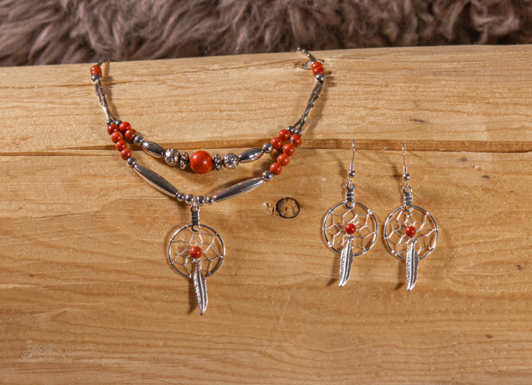 Dream Catcher Necklace with Red Jasper and Earrings