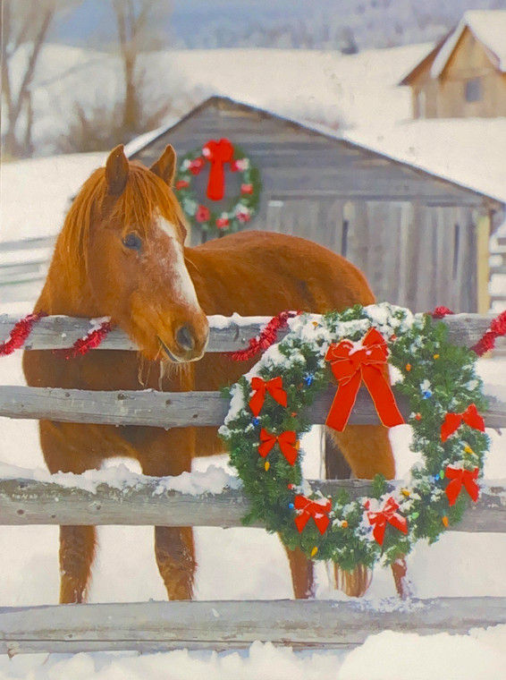 Horse with Barn and Wreath Christmas Card