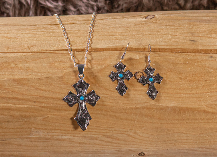 Silver with Turquoise Cross Necklace and Earrings