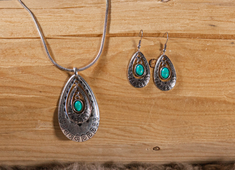 Silver with Turquoise Stone Necklace and Earrings