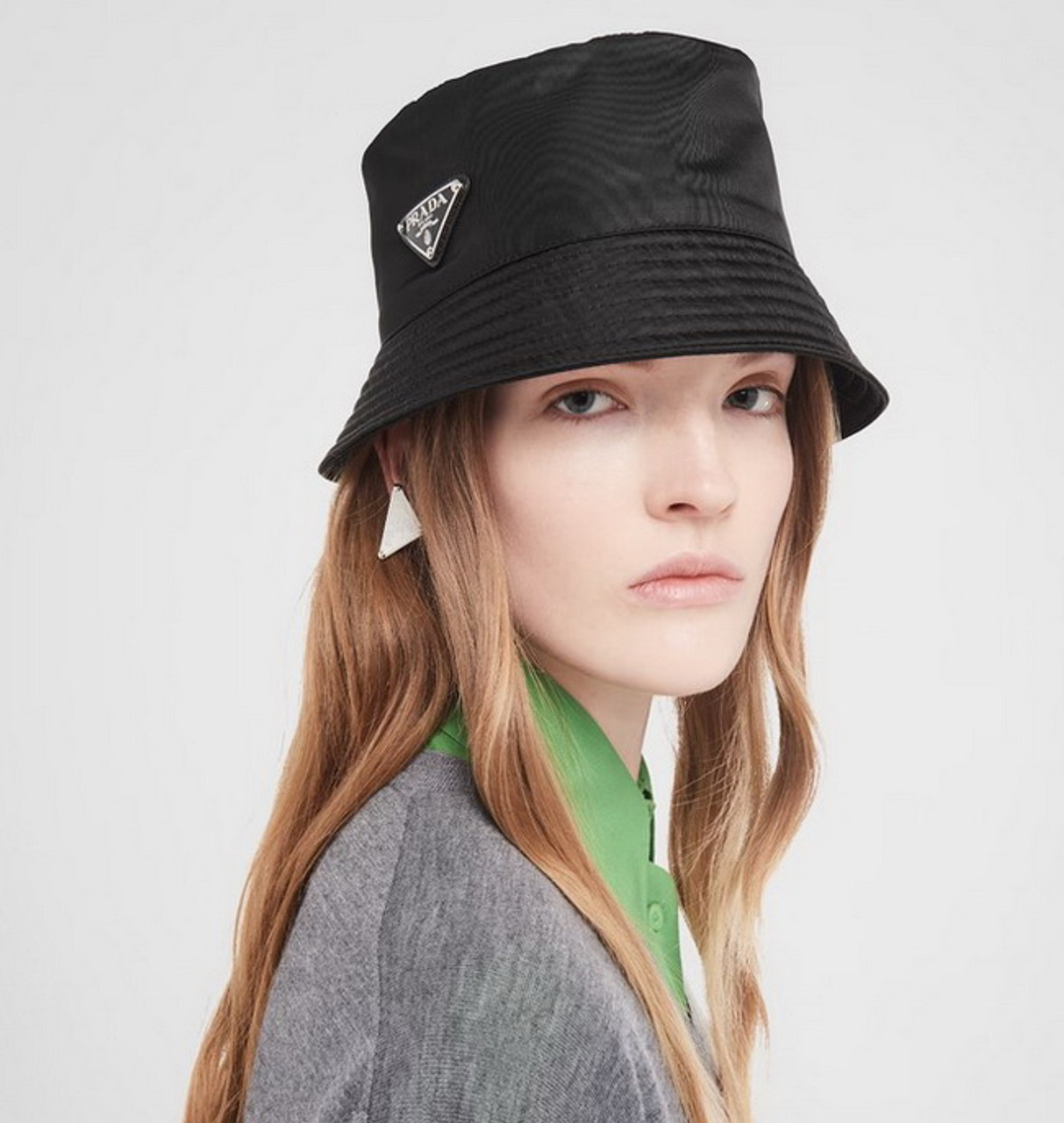 Prada Triangle Logo Nylon Bucket Womens Hat Black