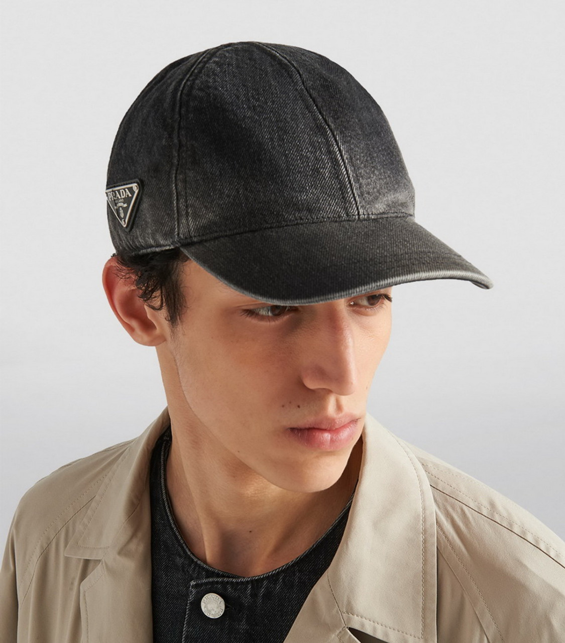 Prada Triangle Logo Black Denim Baseball Cap Mens