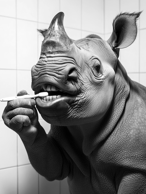 RhinoBrushingTeeth-3by4 Poster Canvas Funny Annimals Pritnt A0 A1 A2 A3 A4 A5 A6