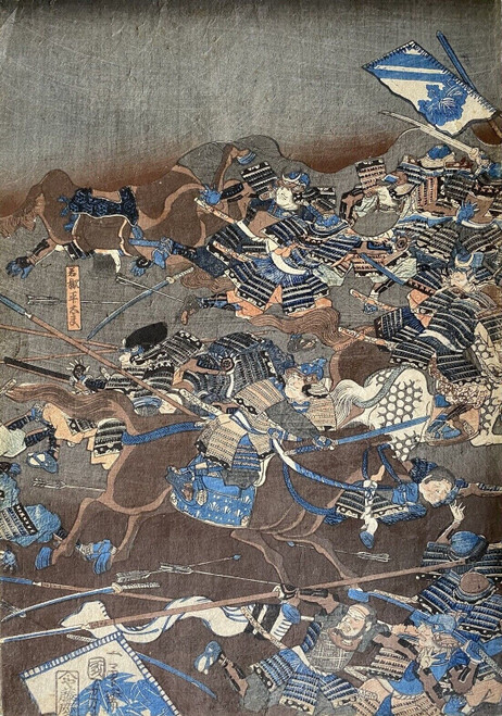 Original Kuniyoshi Triptych, antique Japanese woodblocks. Samurai. C1850 p3 Post