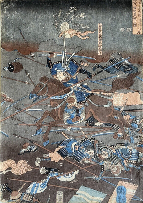 Original Kuniyoshi Triptych, antique Japanese woodblocks. Samurai. C1850 p2 Post