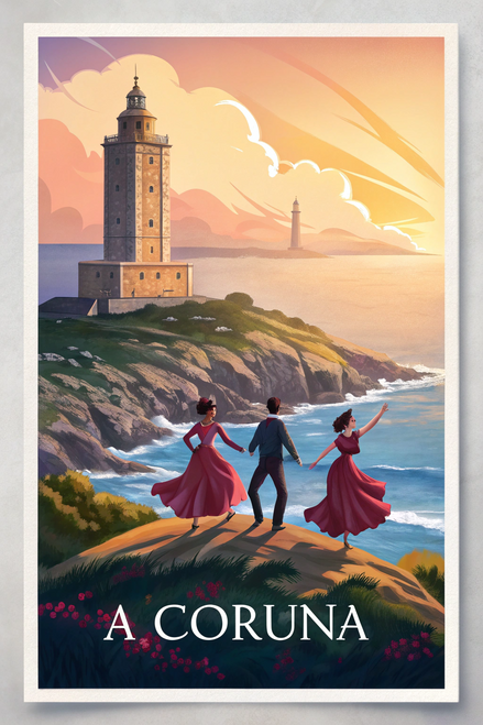 A Coruña Spain Travel Poster - Majestic Lighthouse & Sea View Art Print