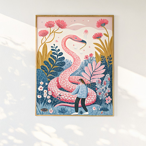 Snake in pastel botanical jungle art print - Fun cute abstract jungle animal tro
