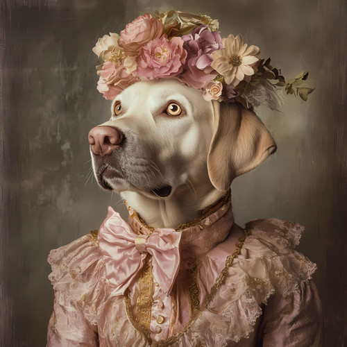 Lady Labrador with a pink-themed outfit and a floral headpiece Poster Canvas Pri