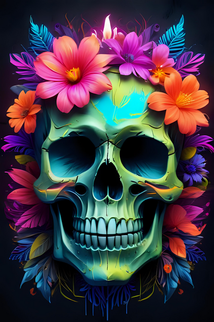 Neon painted Skuls in Flowers abstract painting print (3) Poster Canvas Movie Fi