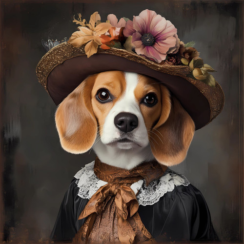 Beagle with a brown hat decorated with a variety of flowers, including some with