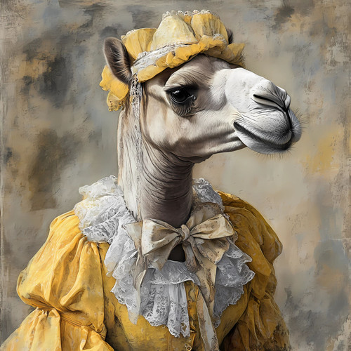 Lady Camel with a yellow outfit and a matching, decorative yellow hat, featuring