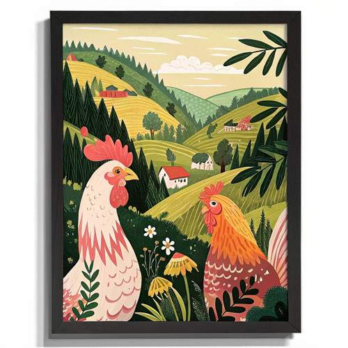 Two Chickens Landscape Wall Art Bright Colours Painting Poster Print Picture Art