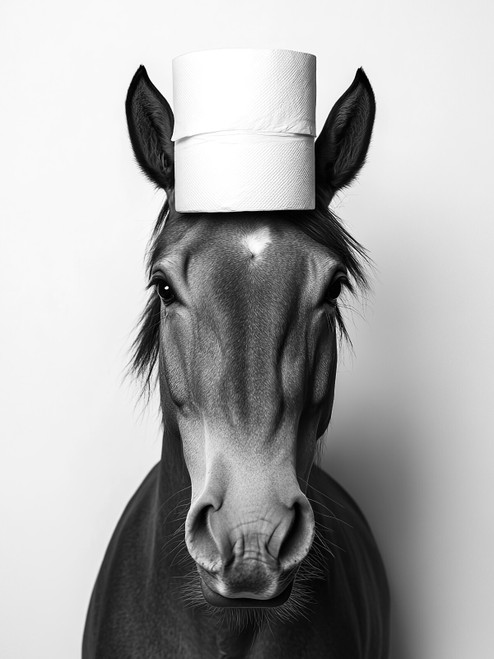 Horse with Toilet Paper on Head-1-3by4 Poster Canvas Funny Annimals Pritnt A0 A1