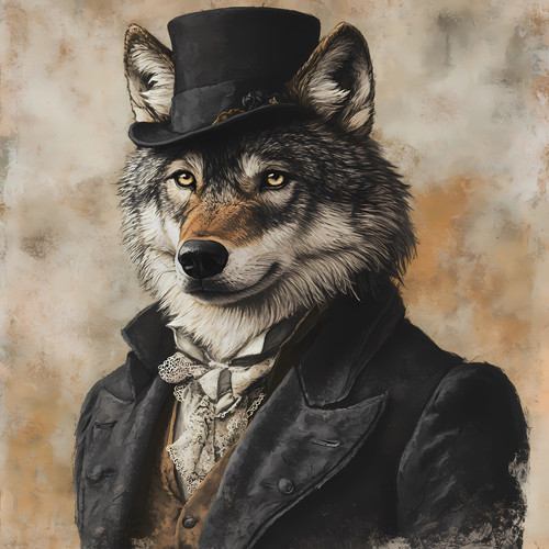 Gentelman Wolf with a traditional Victorian-era outfit, including a black coat w