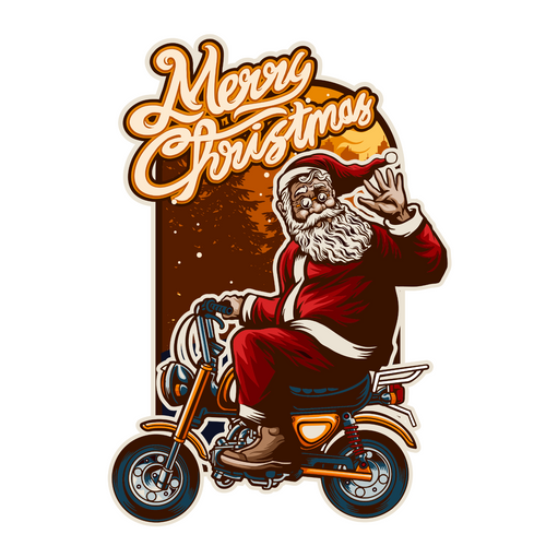 Hand Drawn santa claus riding Vintage a motorbike Poster Canvas Movie Film Print