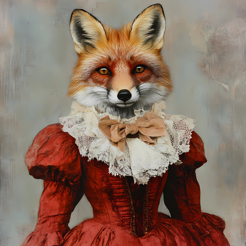 Lady Fox with a richly detailed red, historical-style dress, complete with a lac