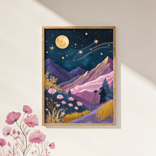 Moon above the mountains and flowers art print - full moon above enchanted mount
