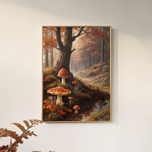 Moody mushrooms in woodland art print - Nostalgia dark academia spooky cottageco