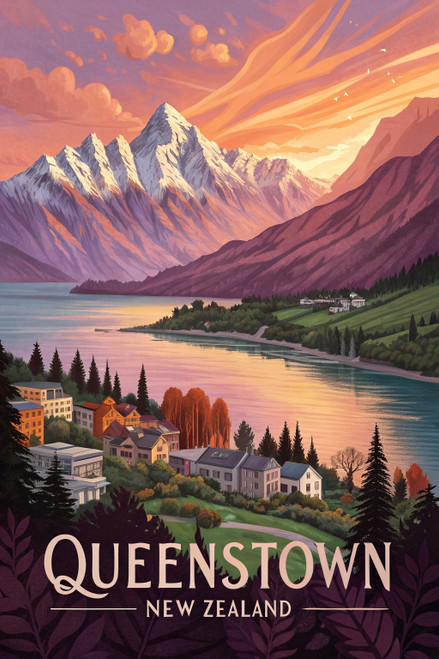 Breathtaking Queenstown New Zealand Travel Poster - Remarkables Mountain Range P