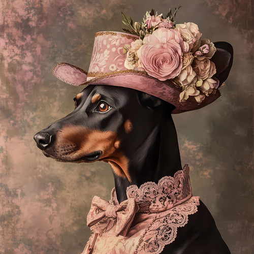 Lady Doberman in a stylish pink hat adorned with a floral arrangement featuring
