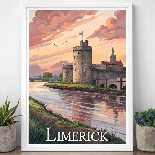 Authentic Limerick City Ireland Travel Poster - Vintage Style Castle Art Print P